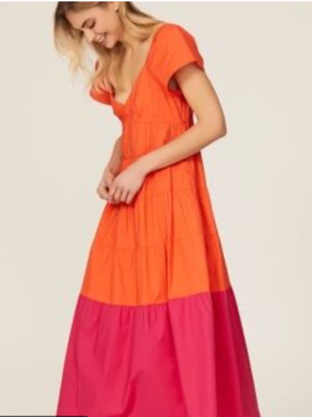Donna Morgan Two-Tone Orange and Pink Tiered Maxi Dress Size 14